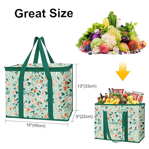 musbus 2-Pack extra Insulated Grocery shopping bag, large Green leaf, kitchen foldable reusable bags groceries,Sturdy zipper,Collapsible,tote,cooler,for transport women,Durable carrier