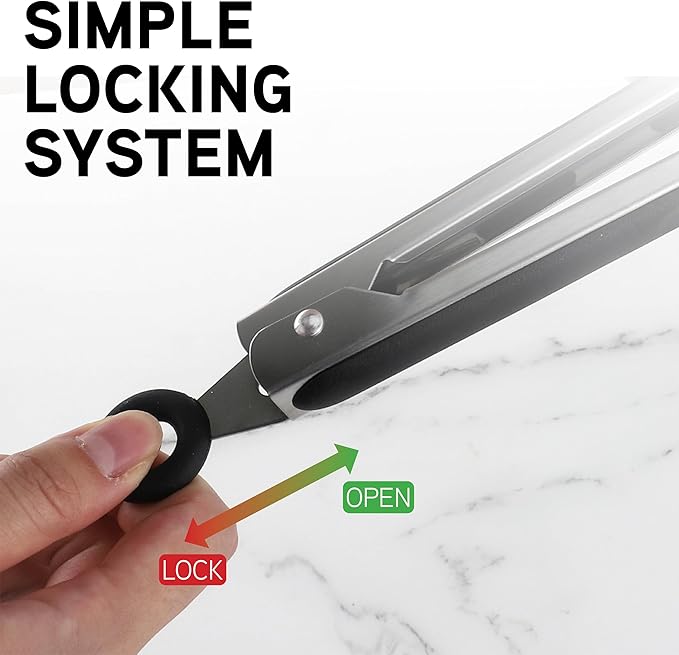 COOK WITH COLOR Stainless Steel Silicone Tipped Kitchen & BBQ Tongs Set, 3 Pc. Tongs, Black