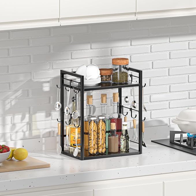 Dorhors 2 Tier Coffee Bar Accessories and Organizer,Multi-functional Mug Holder with 12 Hooks,Wood Coffee Station Organizer,Kitchen Countertop Shelf (Black)