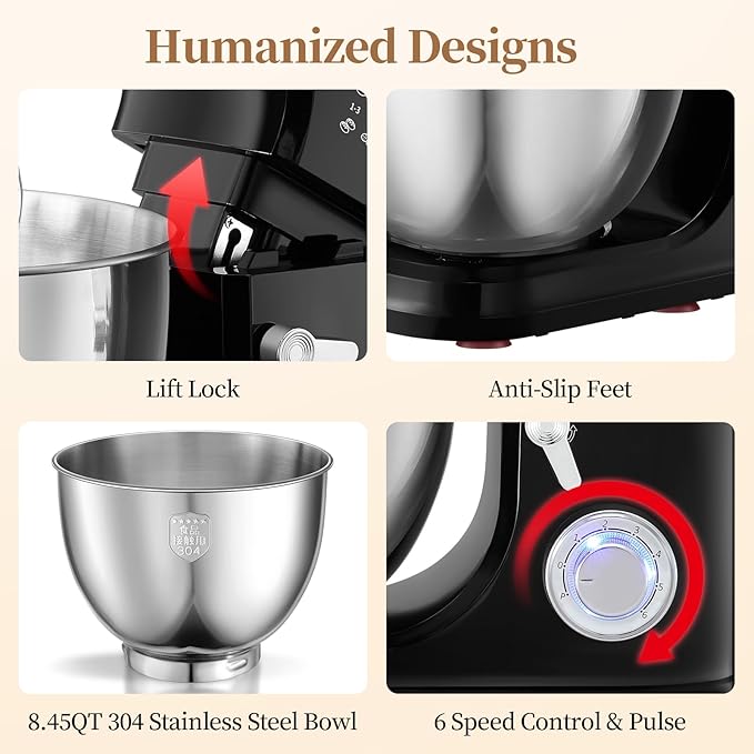 1500W 8.45QT Stand Mixer, 6-Speed Electric Dough Mixer with Whisk, Dough Hook & Beater, Large Capacity Kitchen Mixer for Baking Bread, Cakes, Salad and Cookies (Black)