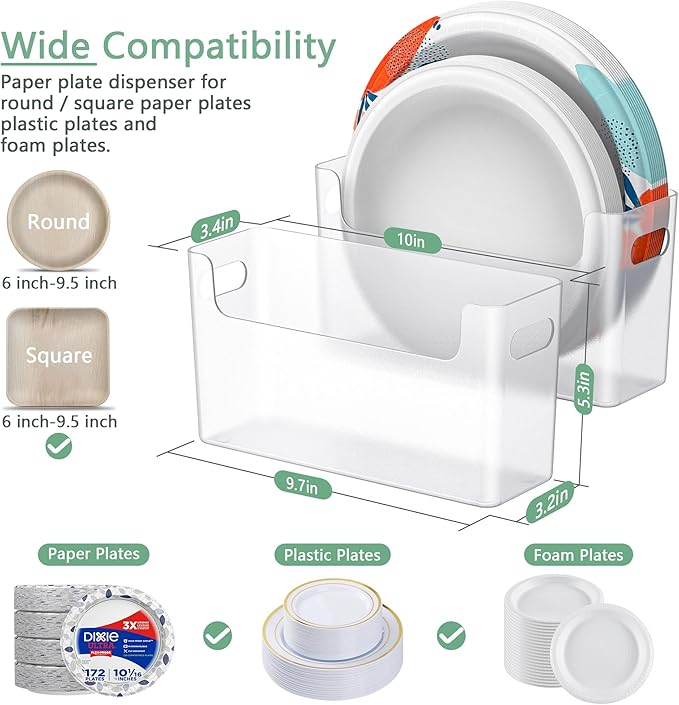 2Pcs Paper Plate Dispenser for 6-9.5 Inch Disposable Plates, Space-Saving Plastic, Foam and Paper Plate Storage Organizer for Cabinet, Countertop, RV or Outdoor (Transparent)