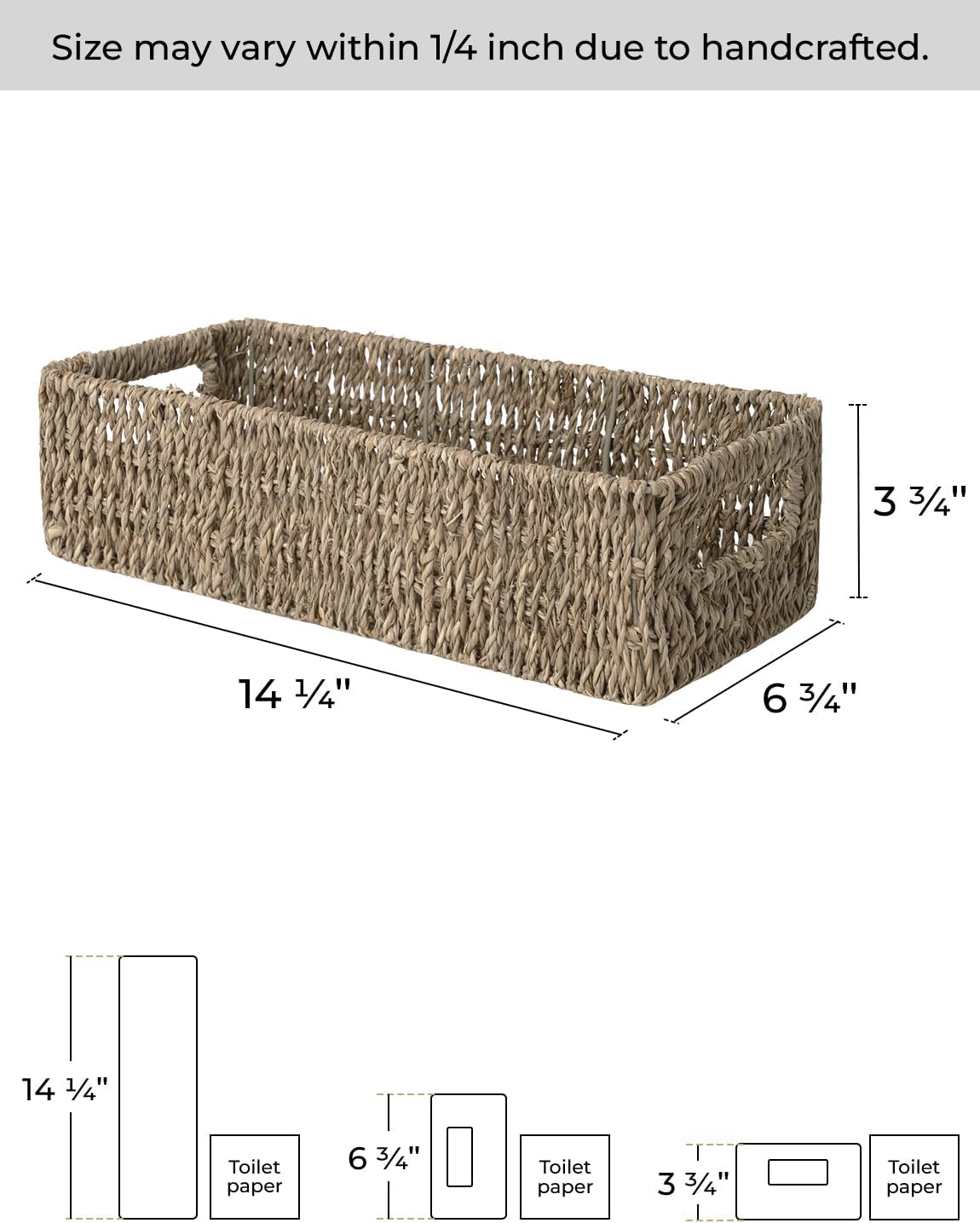 StorageWorks Seagrass Baskets with Built-in Handles, Bathroom Decor Box for Toilet Tank Top, 14 ¼"L x 6 ½"W x 3 ¾"H