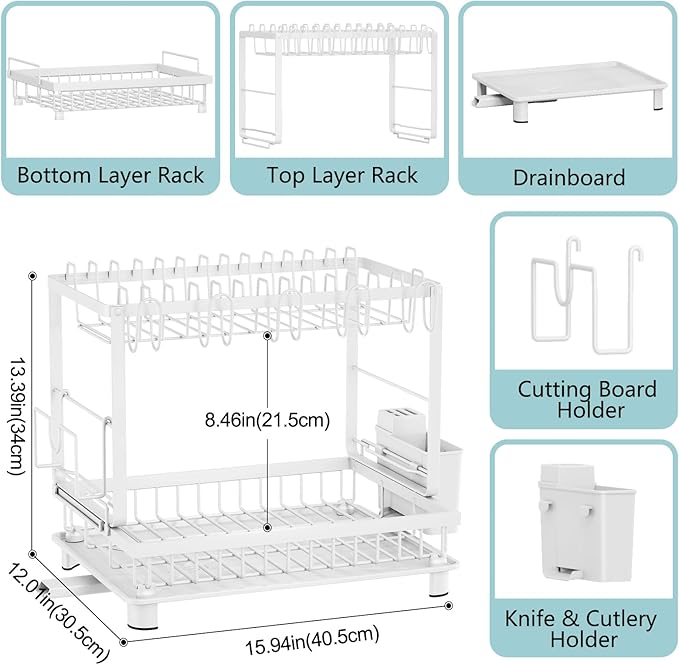 Multifunctional Dish Drying Rack - Rustproof, 2-Tier Dish Racks with Drainboard, Space-Saving Design, Utensil & Cup Holder for Kitchen Counter, White