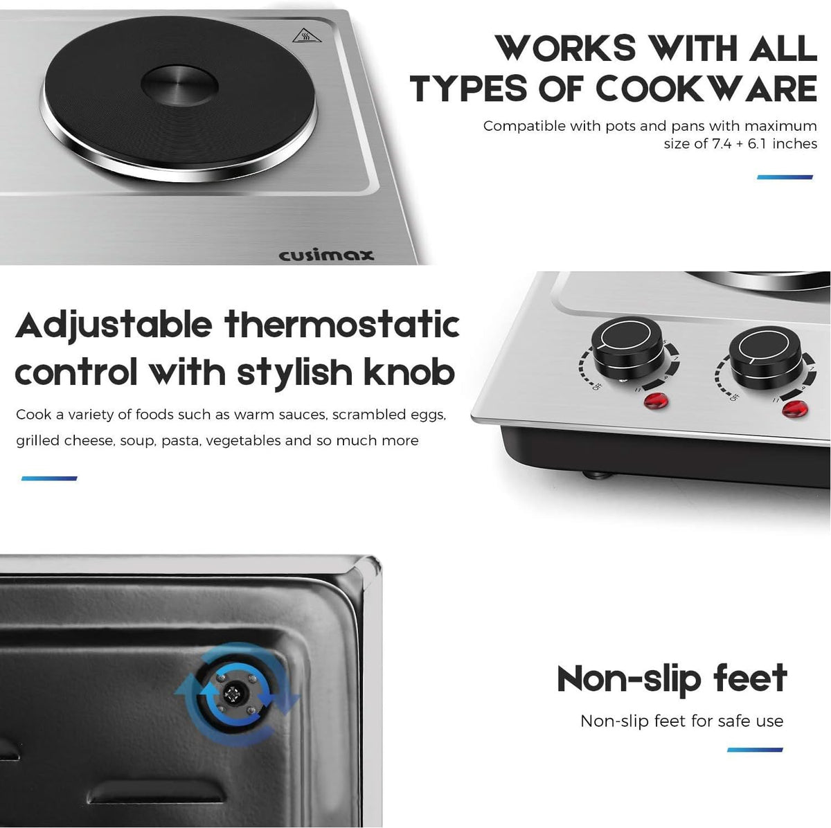 Hot Plate,Cusimax Double Burner 1800W Cast Iron Heating Plate,Electric Stove with Adjustable Temperature Control,Stainless Steel,Suitable for Various Scenarios Upgraded Version