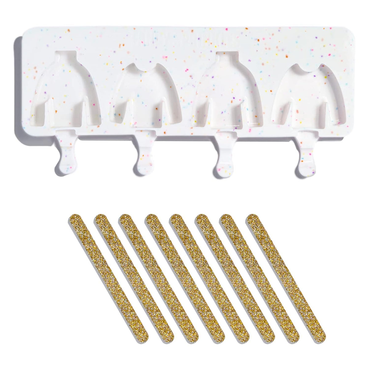 Fancy Sprinkles Ugly Christmas Clark Sweater Baking Mold, 4 Cavities Reusable Silicone, Dessert Decorating, Includes 8 Gold Glitter Acrylic Sticks (13.8” W x .7” H x 4.4” D)