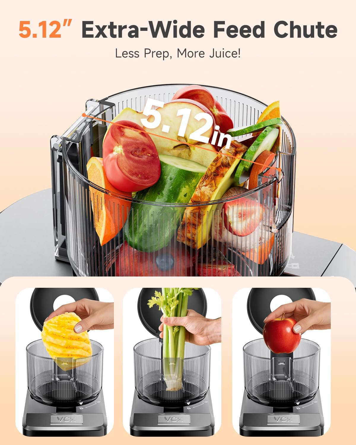 VCK Cold Press Juicer - Large 5.12" Feed Chute, Easy to Clean, Slow Masticating for Nutrient Retention, Quiet 250W Motor, High Juice Yield, Leakproof - Fruits, Vegetables & Leafy Greens