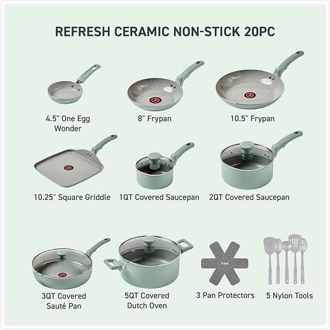 T-Fal Refresh Ceramic Nonstick Cookware Set, 20-Piece, Oven Safe to 350°F, Stockpot, Ceramic Pots and Pans Set, Frying Pans, Griddle, Utensils, Mint Green