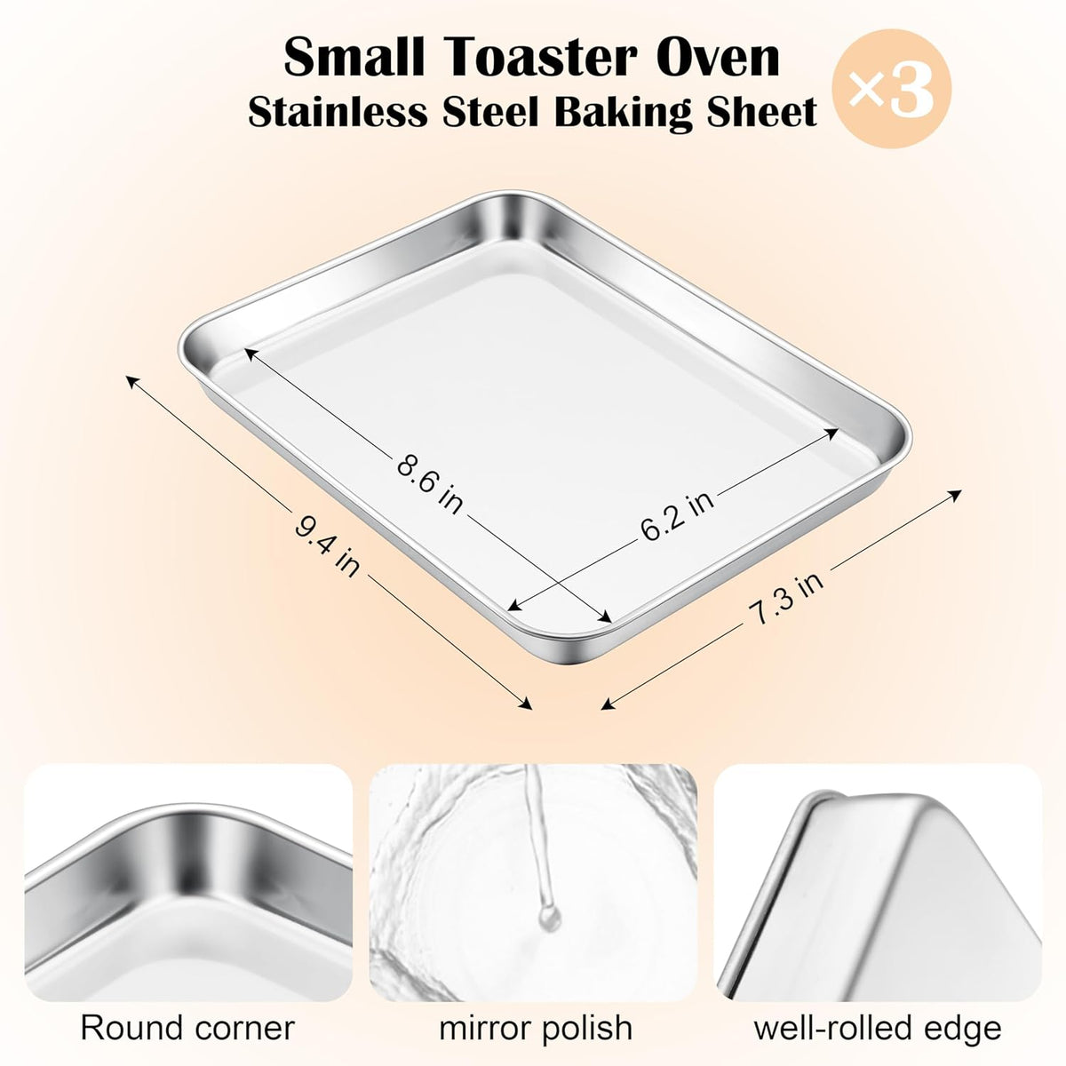 E-far 3 Pack Toaster Oven Trays, 9.4”x7.3” Stainless Steel Small Baking Cookie Sheets, Mini Non-toxic Metal Baking Pans for Cake, Healthy & Rust Free, Mirror Finish & Dishwasher Safe