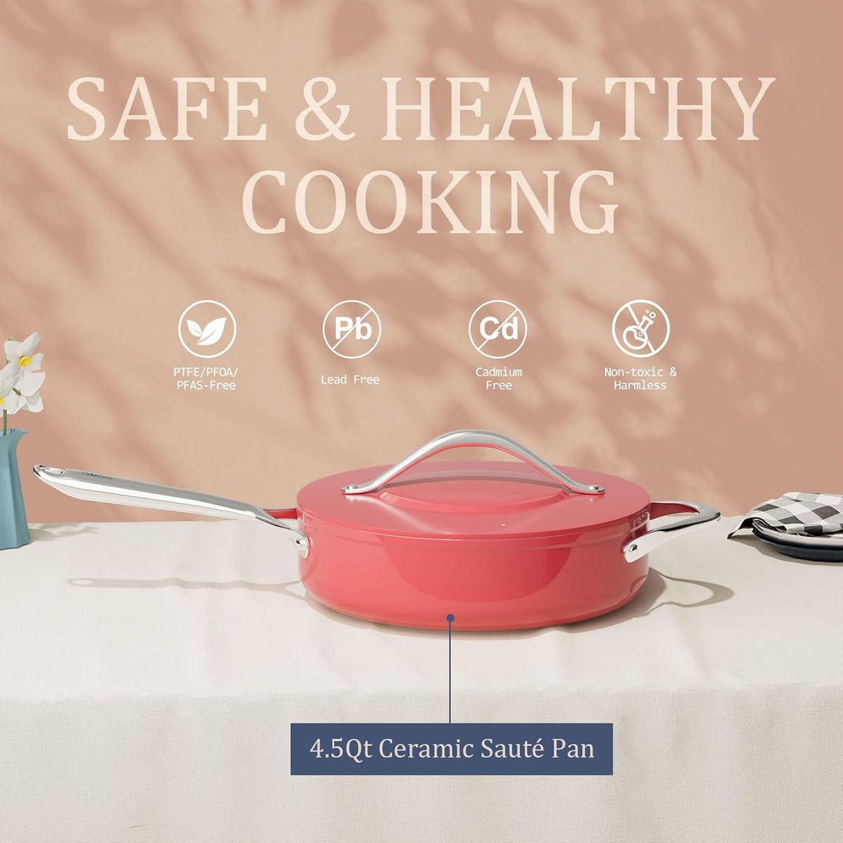 Nonstick Ceramic Sauté Pan with Lid (4.5 qt, 11"), Deep Frying Pan for All Cooktops - Non Toxic, PTFE/PFAS Free, Dishwasher & Oven Safe up to 500°F - with Stay Cool Handle - Fusion Red