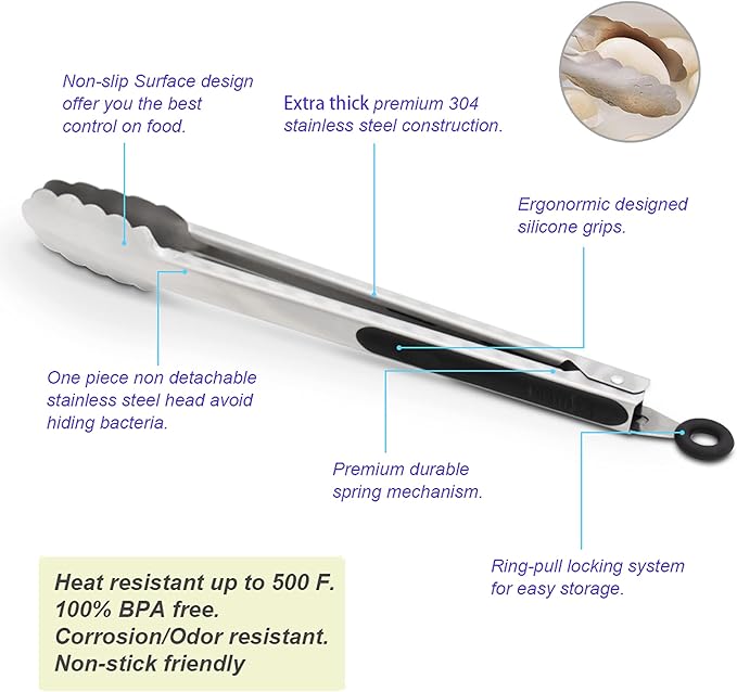 304 Stainless Steel Kitchen Cooking Tongs, 9" and 12" Set of 4 Sturdy Grilling Barbeque Brushed Locking Food Tongs with Ergonomic Grip, Black