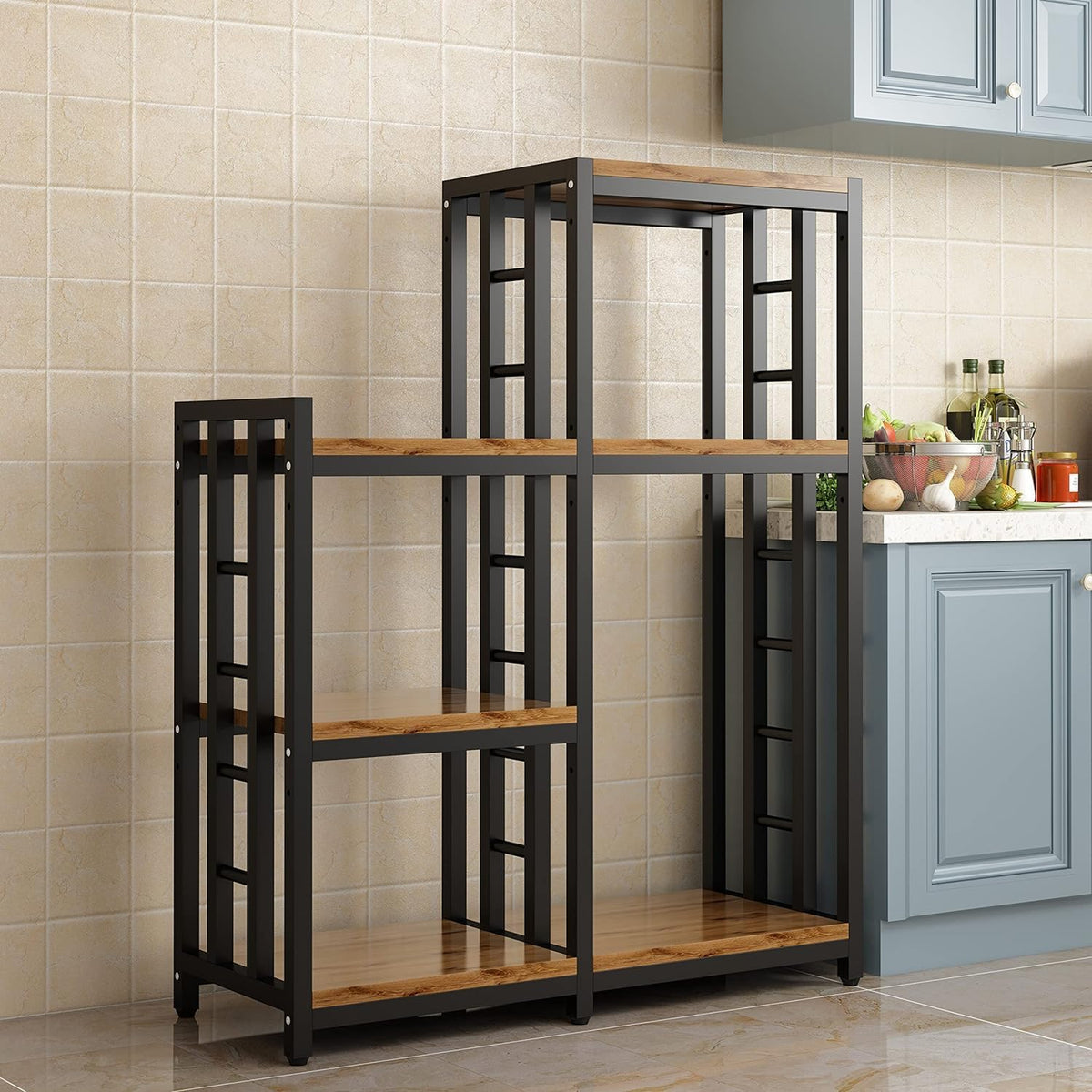 BRIGHTSHOW Kitchen Storage Shelf Bakers Rack, 6-Tier Coffee Bar Table, Kitchen Microwave & Mini Fridge Stand Shelves for Spices, Pots and Pans (52 x 40 x 17.5inch) (Brown no Wheels)