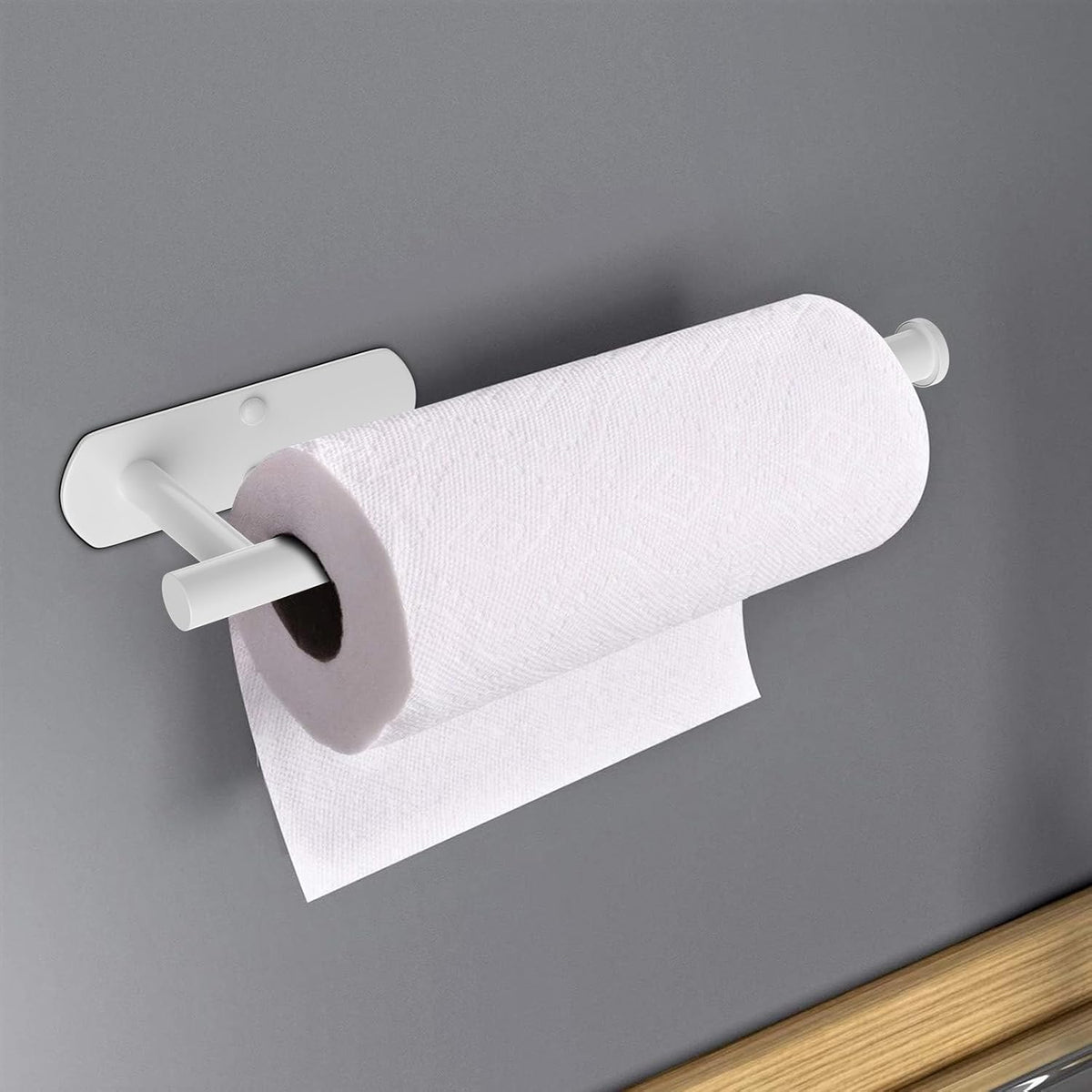 VAEHOLD Self Adhesive Paper Towel Holder Under Cabinet Mount, Wall Mounted Paper Towel Roll Holder for Kitchen, Bathroom, Wall - Stainless Steel (White)