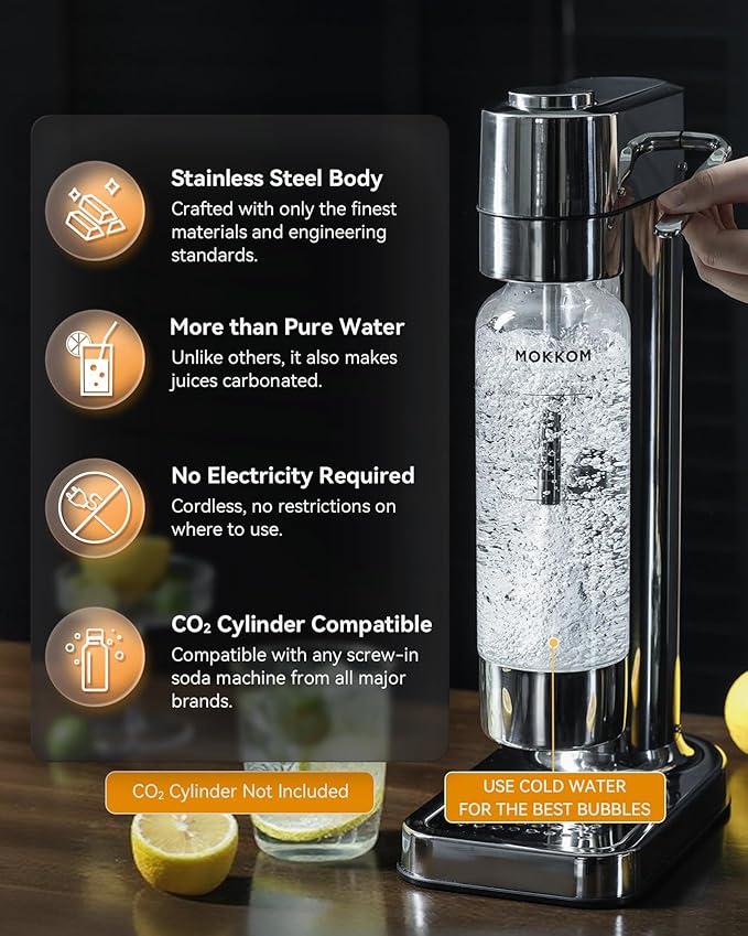 MOKKOM Sparkling Water Maker Stainless Steel & 1L Reusable Soda Maker Bottle
