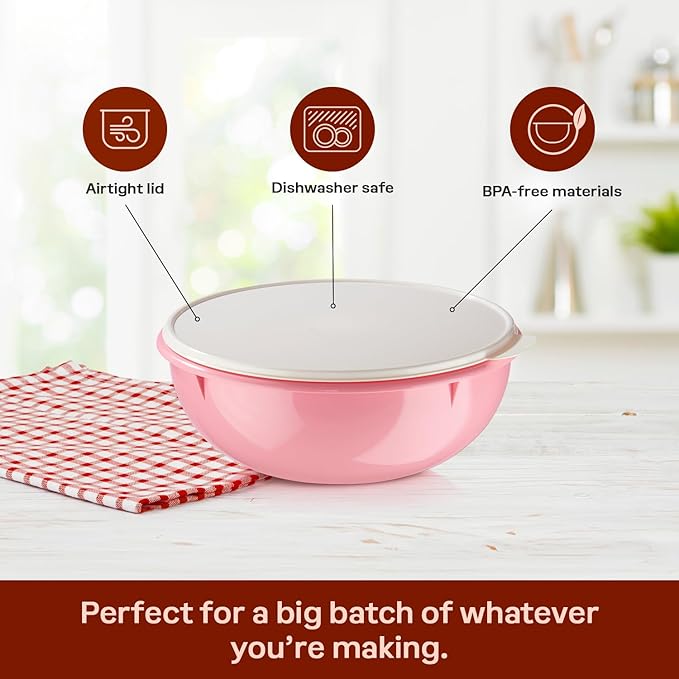Tupperware Fix-N-Mix 1.7 Gallon Mixing Bowl with Lid, Pink Vintage Color, Dishwasher Safe and BPA Free (6.5 L)