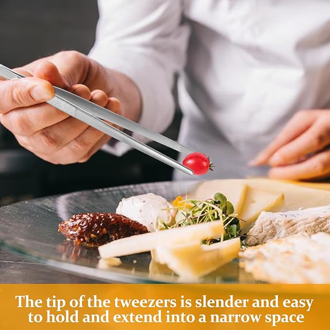 Litoexpe 4 PCS 10in & 12in Fine Tweezer Tongs, Stainless Steel Cooking Tongs for BBQ Sea Food Repairing Serving, Silver