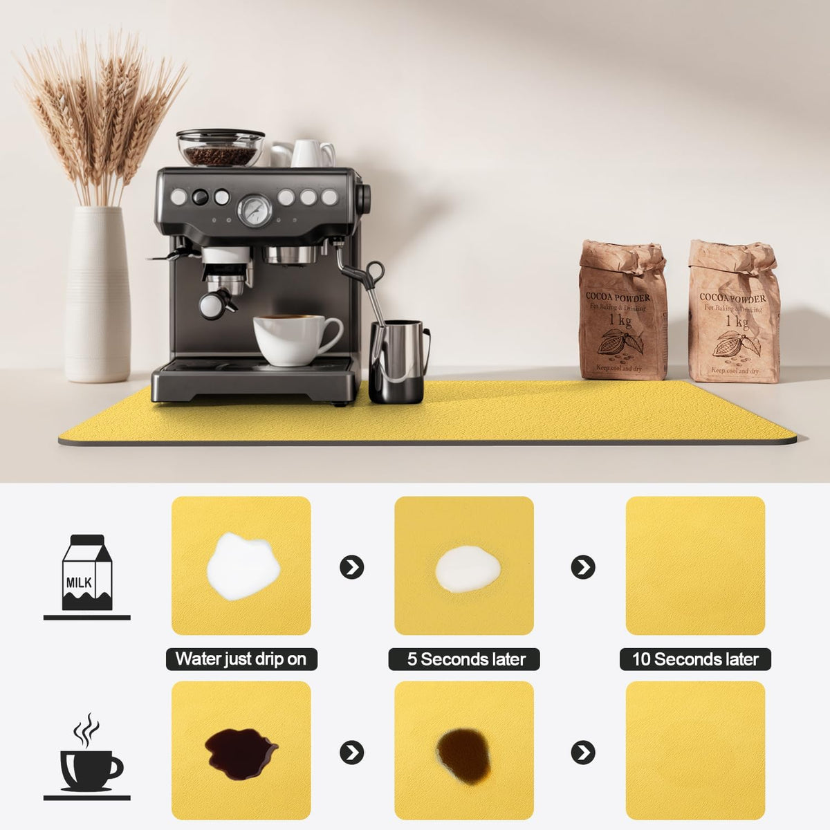Dish Drying Mat for Kitchen Counter | Coffee Bar Mat for Countertops | Heat Resistant Drainer Mat with Non-slip Rubber Backed | Hide Stain Kitchen Absorbent Draining Mat | Yellow 16"x18"