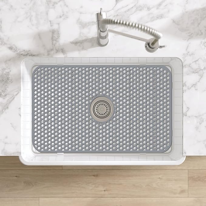 Bestjing Silicone Sink Protectors for Kitchen Sink with Center Drain, 26'' x 14'' Kitchen Protector Accessory, Non-Slip Grid Mat for Bottom of Farmhouse Porcelain Stainless Steel (Center Hole)