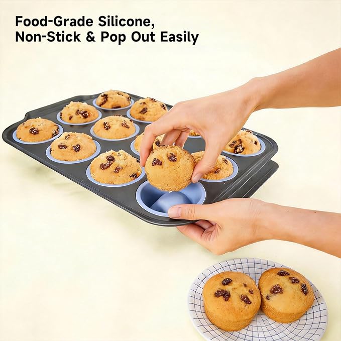 Rigid-Frame Silicone Muffin Pan for Baking,No-Spill Easy-Transfer Design,Reinforced Steel Frame, Non-Stick & Dishwasher Safe,12-Cup Regular Size Muffin & Cupcake Pan Bakeware for Oven (Blue 1pcs)