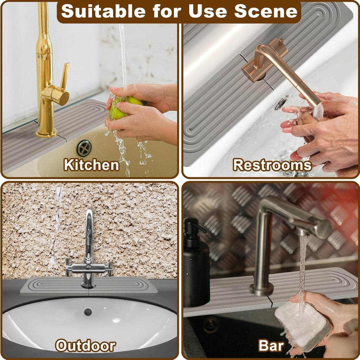 Faucet Mat for Kitchen Sink, Diatomite Super Absorbent Fast Drying Stone Sink Tray for Bathroom Kitchen Sink Splash Guard(Square Grey,23.6x3.9in)