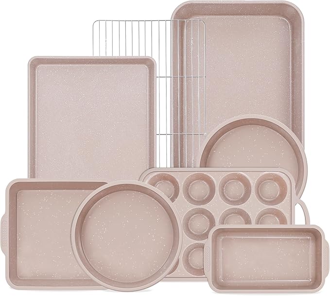 8 Pcs Baking Pans Set, Silicone Bakeware Sets with Metal Reinforced Frame, Nonstick Stackable Carbon Steel Non Toxic Baking Sets for Cooking (Brown)