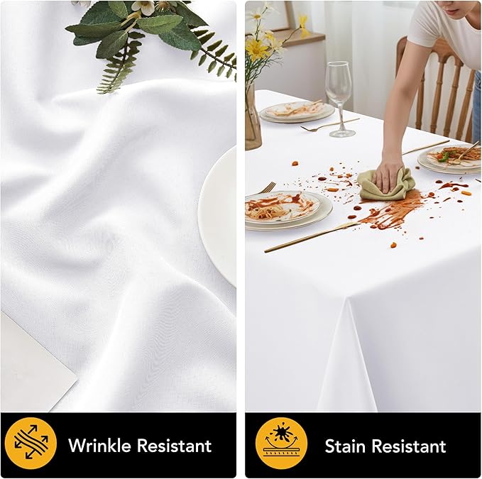 6-Pack White Tablecloths for Rectangle Tables, 90 x 132 Inches, Stain-Resistant Polyester Fabric for 8 Foot Tables - Washable Table Covers for Weddings, Banquets, Birthday Parties, Events