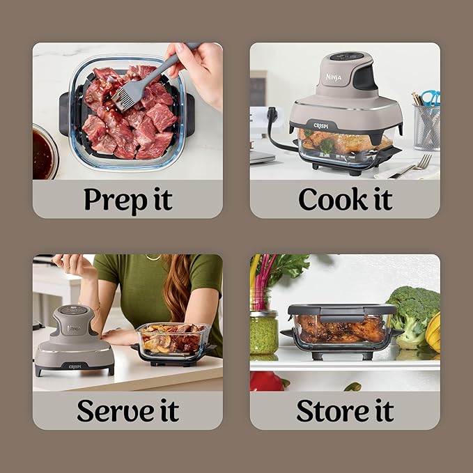 Ninja Crispi 4-in-1 Glass Air Fryer | 450°F | Non-Toxic | 4QT & 6-Cup Glass Containers w/Lids | Microwave, Freezer, Dishwasher Safe | Max Crisp, Air Fry, Bake, Recrisp | Stone | FN101ST