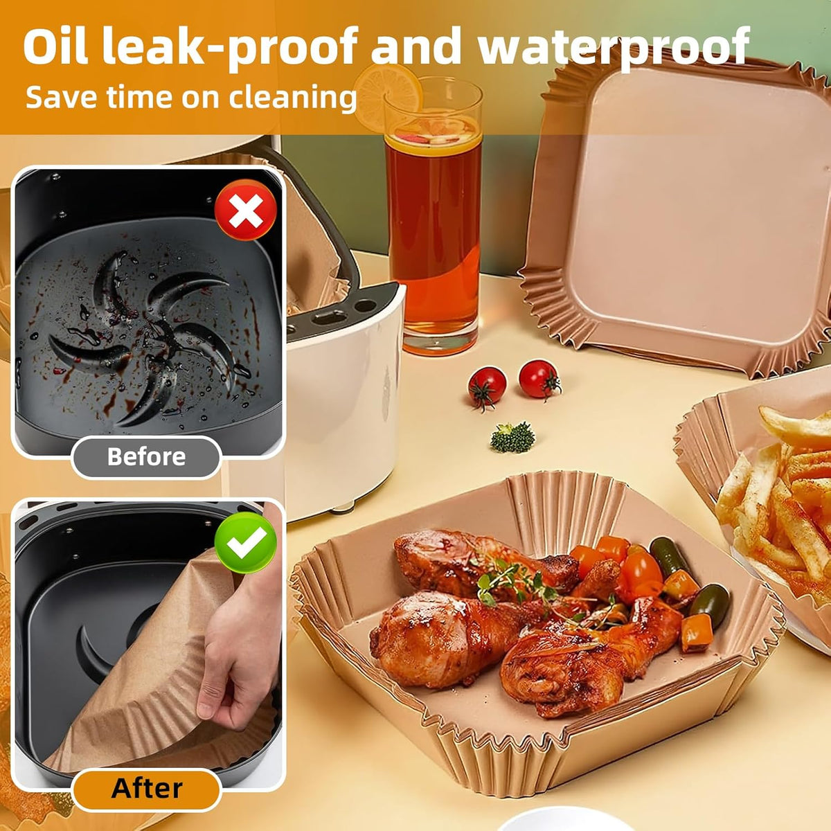 Air Fryer Paper Liners XXL for 8-12 Qt Airfryer, 200pcs 9-10 inch Square Thickened 50gsm Disposable Parchment Tray