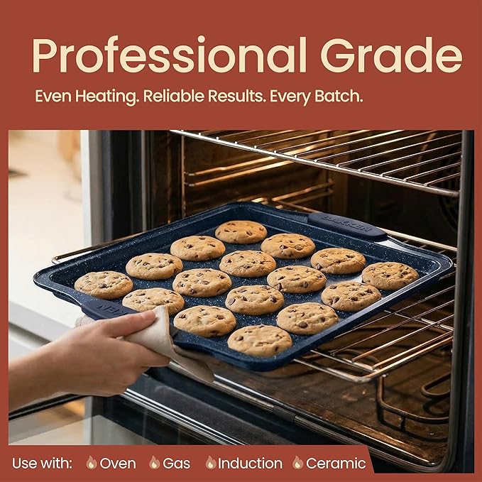 BAKKEN Kitchen Baking Pan Set - Nonstick Coating, Carbon Steel Bakeware Sets with Blue Silicone Handles, Baking Kitchen Essentials, PFOA, PFOS, PTFE Free, Oven Safe Tray (Up To 450° F), Set of 18