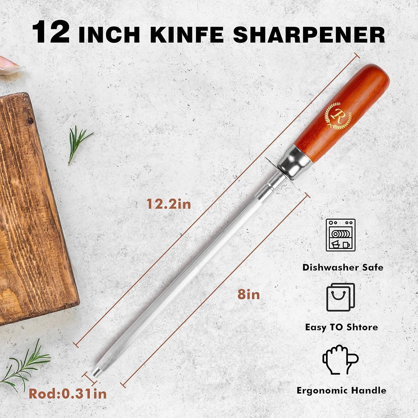 Knife Sharpener Rod, Kitchen Knives Sharpener Carbon Steel Professional Knife Sharpening Steel, Honing Rod with Hanging Holes (13 inches), R