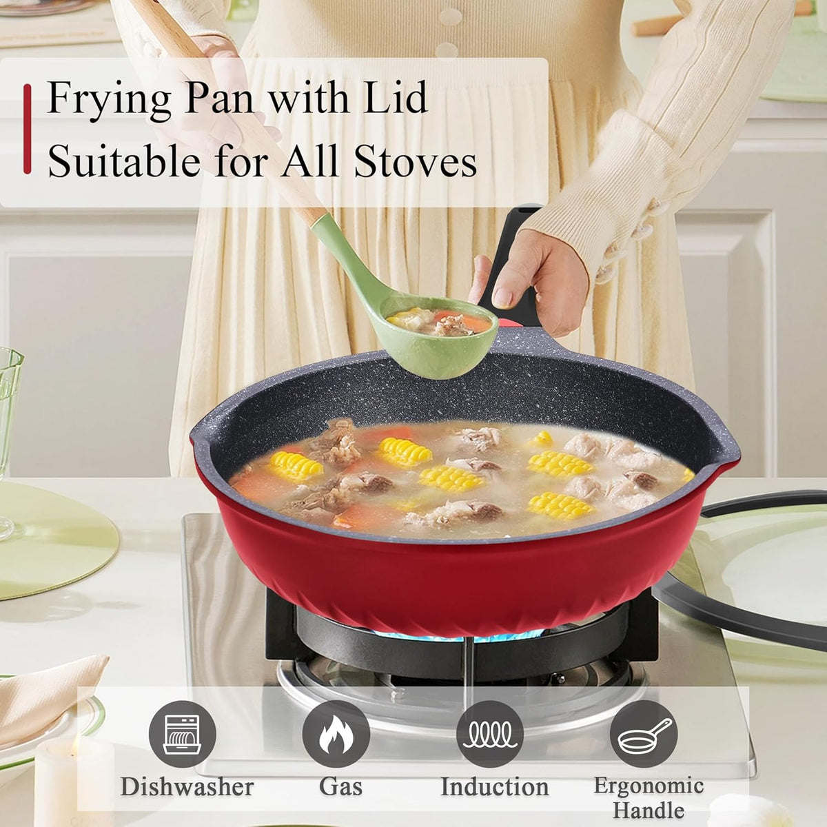 Vinchef Nonstick Skillet with Lid, 11In/5Qt Aluminum Deep Frying Pan with Lid and Heat Indicator, Anti Scratch and Anti Stain Deep Saute Pan, Induction Compatible