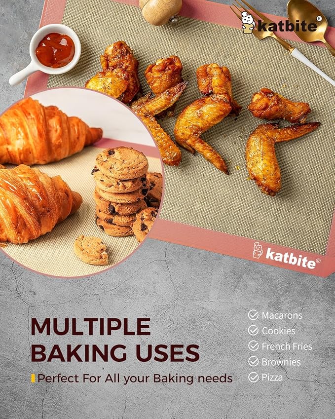 Katbite Silicone Baking Mat Colorful Collection - Set of 3: 2 Half Sheets Mats (11 5/8" x 16 1/2") + 1 Quarter Baking Sheet, Reusable & Nonstick Bakeware Mats for Cookies, Macarons, Bread (Pink)