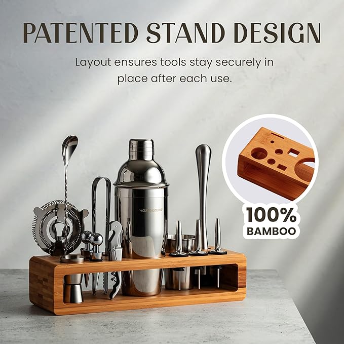 Modern Mixology 21-Piece Cocktail Shaker Set with Stand | Complete Cocktail Kit Gift Set | Top Bartender Gifts for Men & Women | Portable Bar Tools (Silver, Brown Stand)