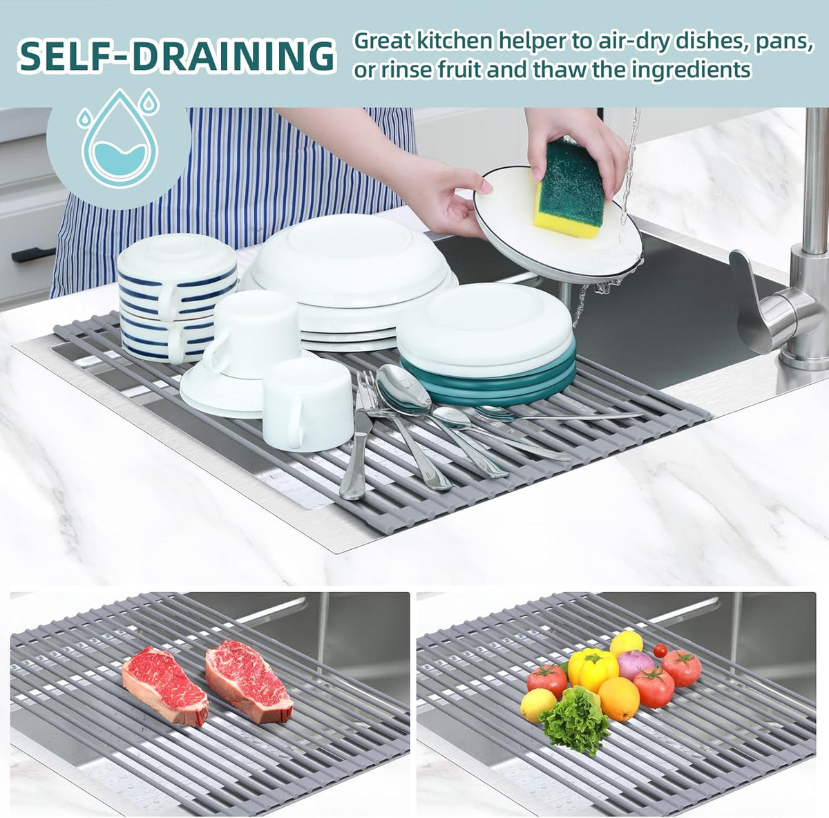 Ohuhu Dish Drying Rack Over The Sink, Roll Up Sink Rack 20.5" W x 13.1" L Rolling Dish Drainer Foldable Accessories Heat-Resistant Mat Anti-Slip Silicone Coated for Kitchen Counter