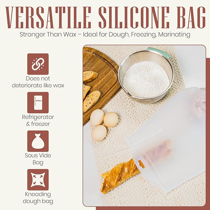 Bread Bags for Homemade Bread, Sourdough & Gluten Free Bread with Multifunctional Reusable Silicone Inserts. Silicone Kneading Dough Bag, Pizza Dough, Tortilla & Pasta Storage Bags - (16x11inch)