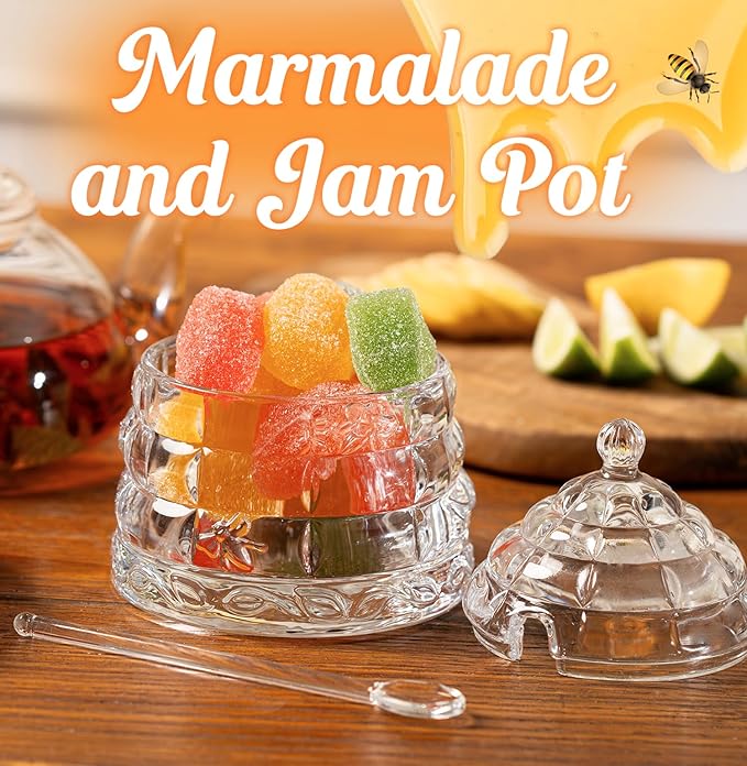 Elegant Glass "Crystal" Honey Jar with 2 Glass + 1 Wooden Dipper & 1 Clear Spoon | Beehive Design | 10 oz Container | Perfect for Sugar, Marmalade & Jam | Durable & Stylish Multipurpose Pot with Lid