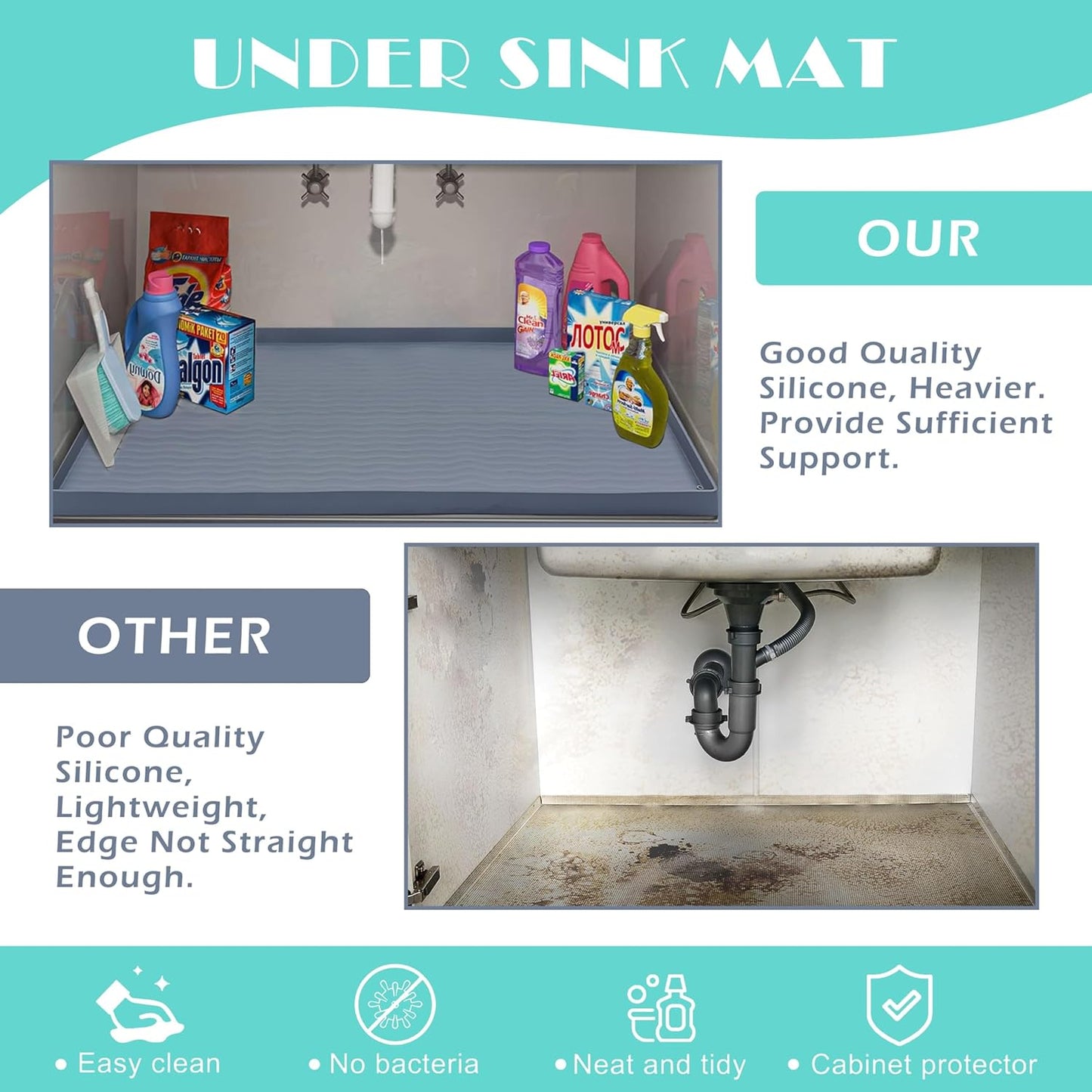 URMONA Waterproof Silicone Under Sink Mat 22'' x 14'' Shelf Liner for Kitchen and Bathroom, Cabinet and Counter Protector, Storage and Organizers, Litter Mat, Pet Cat Puppy Essentials(Black)
