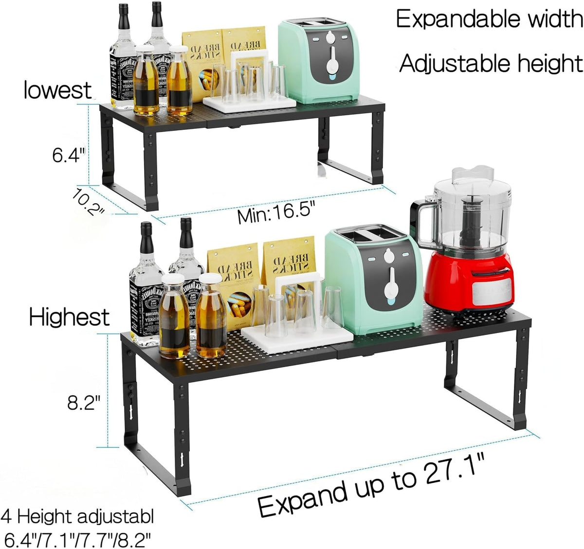 Heavy-Duty Adjustable Metal Shelf Organizer - Expandable & Stackable Pantry Storage Rack for Kitchen, Bathroom, RV, Cabinets(1 Pack/Black, Large)
