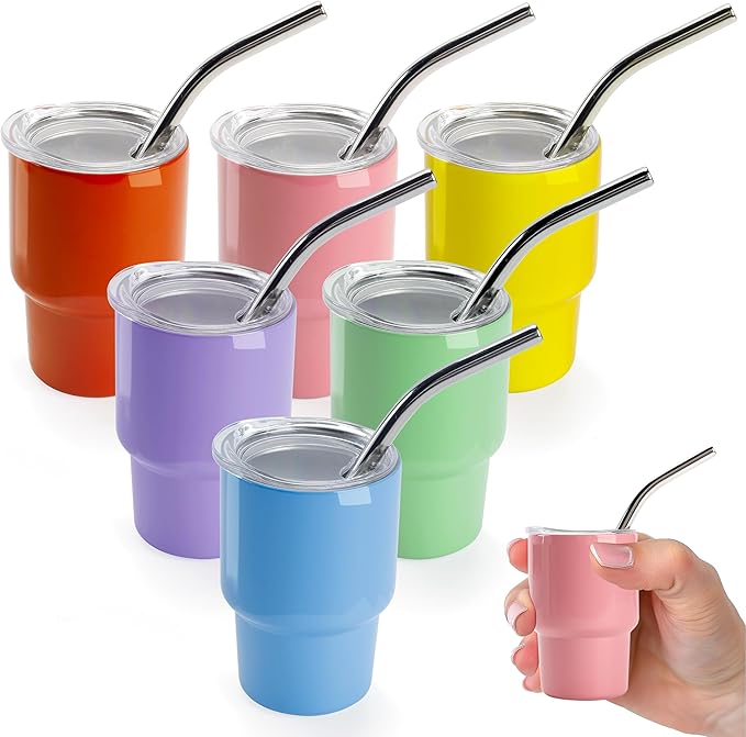 Joyclub 3 oz Mini Tumbler Shot Glass with Straw and Lid 6 Pack Colored Stainless Steel Sublimation Shot Tumblers Mini Cup for Wedding Party Whiskey Favors