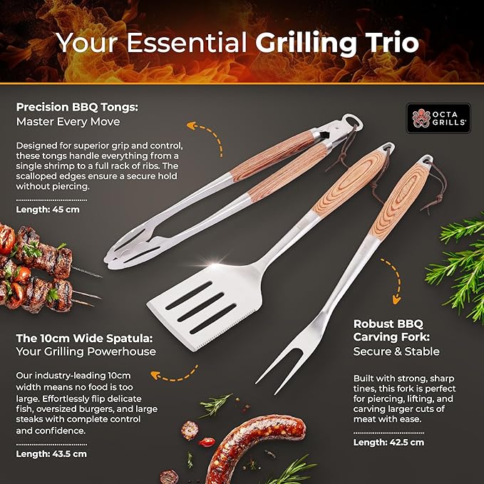 3-Piece BBQ Utensil Set – Premium Stainless Steel Grill Tools with Extra Wide Spatula - Pakka Wood Handles & Leather Hanging Loops (Spatula, Tongs & Fork)