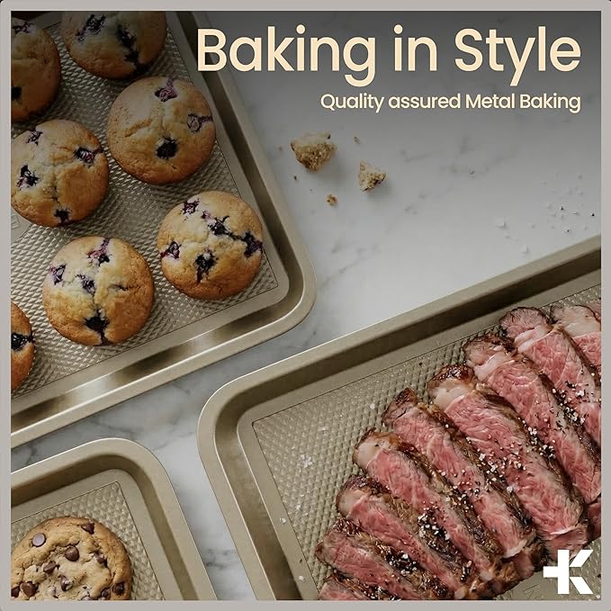 Diamond Bottom Cookie Sheet Set of 2, Nonstick Gold Carbon Steel Baking Pans for Crisp Baking, Space-Saving Stackable Trays, PFOA, PFOS, PTFE Free, Oven Safe Up to 450°F, Small & Medium Pans