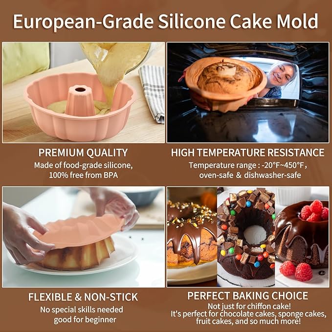 PADELE 2 Pack Silicone Cake Pan Nonstick,10 Inch, Silicone Cake Molds,Pound Cake Pan, Baking for Jello,Gelatin,Cake,Brownie and Bread (Red+Red)