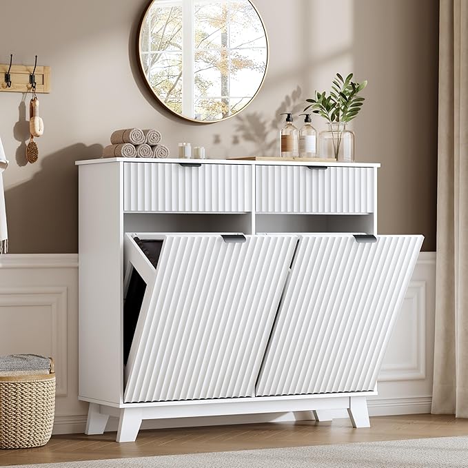 Double Tilt Out Laundry Hamper Cabinet, 20 Gallon Wooden Trash Can Cabinet with Drawers, Hidden Fluted Bathroom Storage Cabinet for Kitchen, Living Room (White, 39.34" W x 35.83" H x 13" D)
