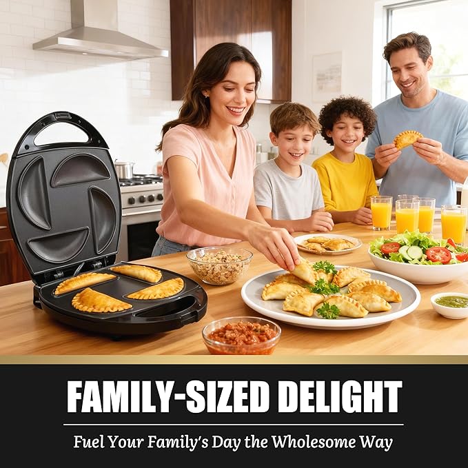 FineMade Electric Empanada Maker Machine with Press Mold,Large Dumpling Maker Press,Pierogi Maker Press Machine,Make 4 Psc of 6 Inches Large Empanadas,Jamaican Beef Patties,Calzones,Pocket Pies,Black