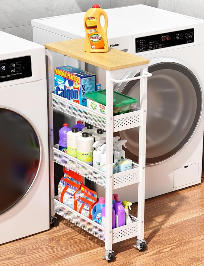 OKZEST Utility Slim Storage Cart, 4 Tier Small Rolling Kitchen Laundry Room Cart with Wood Top, Metal Narrow Bathroom Storage Cabinet Mobile Shelf Unit Organizer Trolley with Handle for Narrow Space