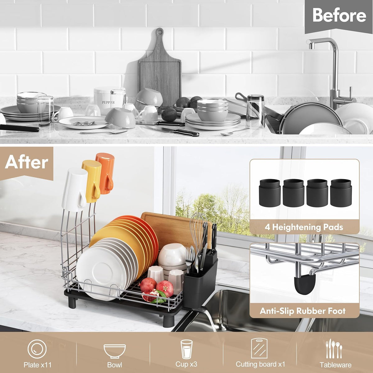 BOOSINY Stainless Steel Dish Drainers Drying Rack for Kitchen Counter with Automatic Drainage, 1 Tier Rust Proof Metal, Space Saving, Modern Aesthetic, Compact Plates Strainers,Gray