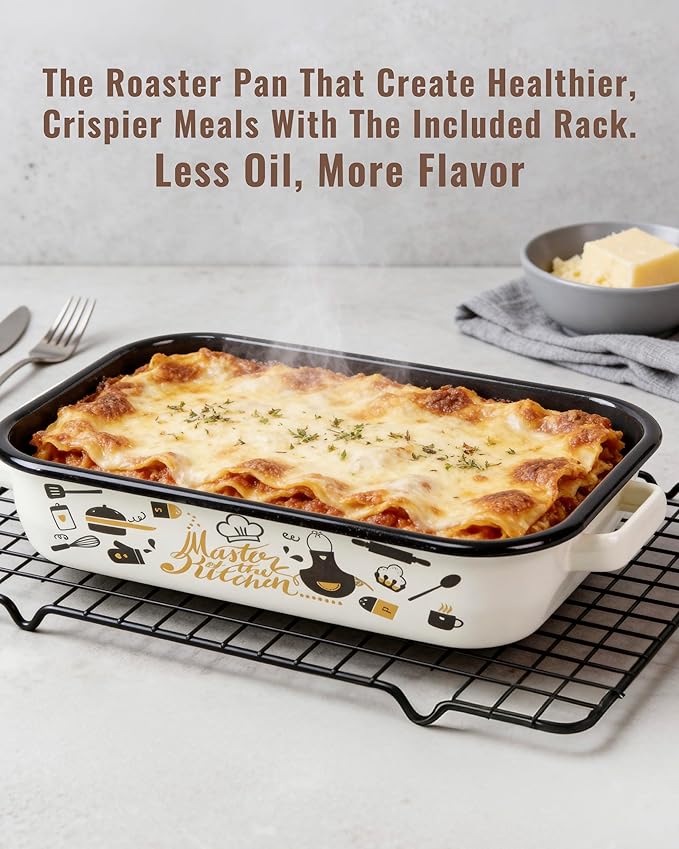 Roasting Pan with Rack & Handle 6-Piece Enamel Lasagna Baking Dish 14&17 Inch, 572°F High Temperature Resistance Dishwasher Safe Non-Stick Easy-To-Clean Steak Roaster Pan for Oven Gift Bakeware