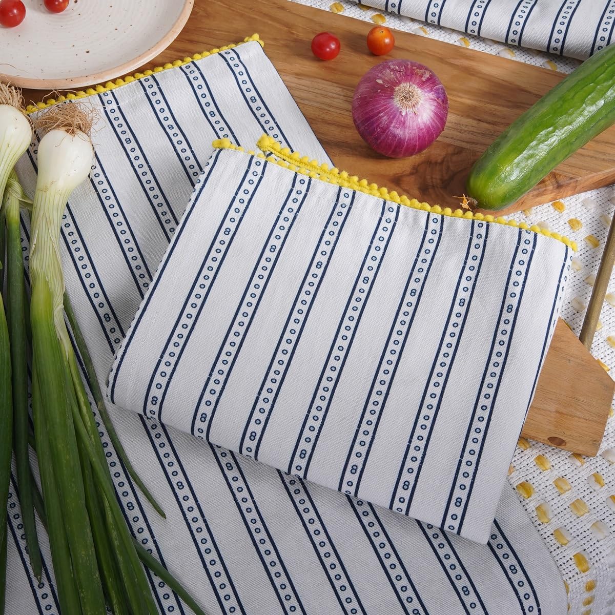 Printed Kitchen Dish Bar and Tea Towels Cotton, 18x28 inch with Trims, Cotton Dish Towel Sets (Blue Stripes, Set of 6)