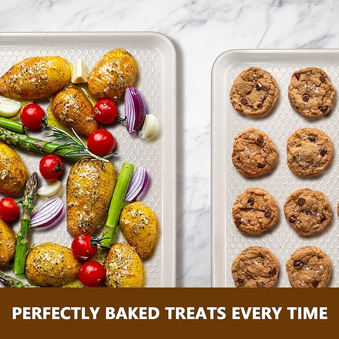 Wildone Baking Sheet Pan Set, Honeycomb Embossed Nonstick Baking Sheet 15x10 In, Thicker Carbon Steel Cookie Sheet, Even Heating Jelly Roll Pan, White, 2 Pack