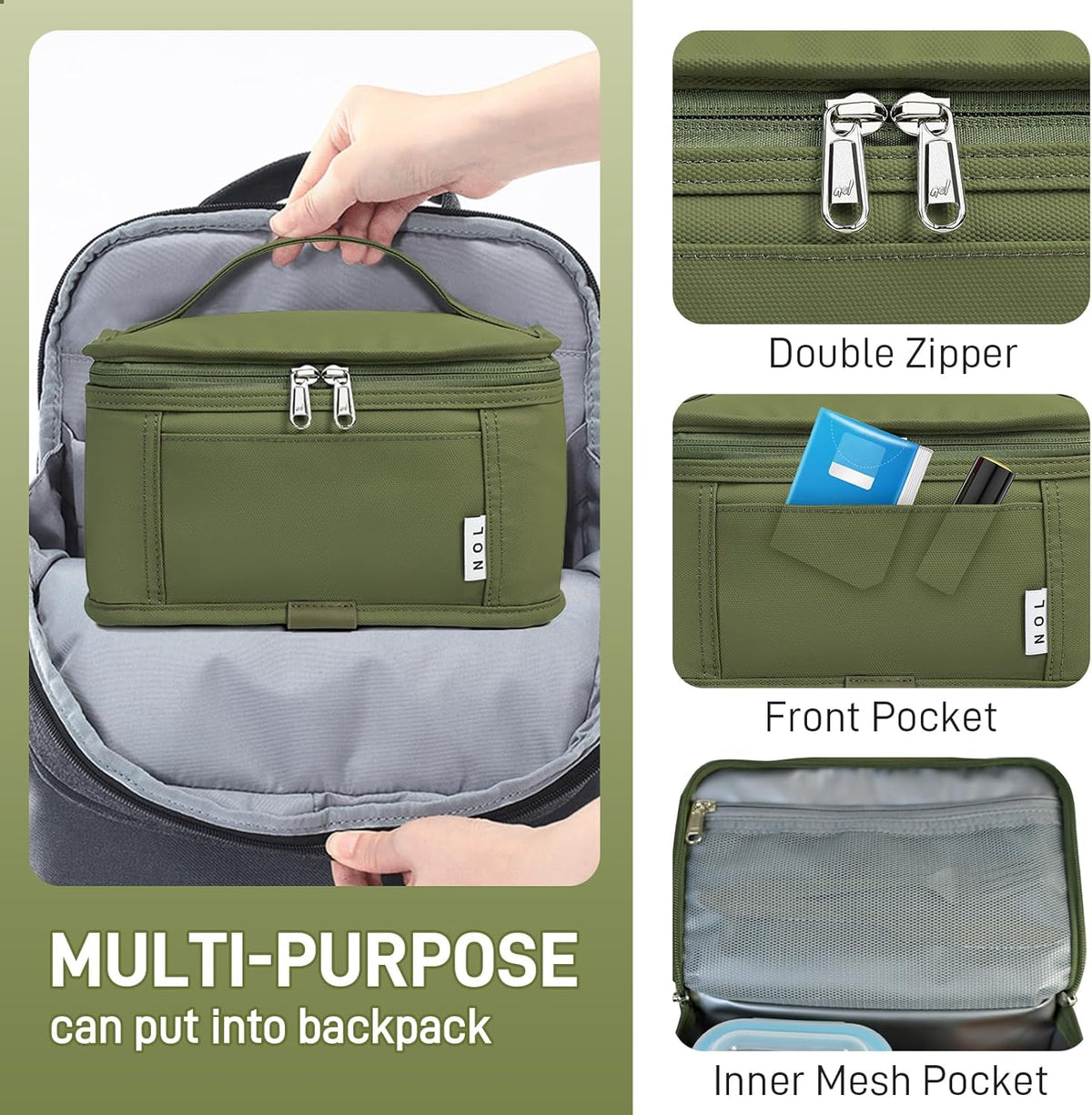 NOL Natural Organic Lifestyle Small Lunch Bag Mini Lunch Box Insulated Lunch Bag for Men/Women Leakproof Cooler Tote Bag Lightweight Nylon Waterproof Lunch Box For Work, Amy green