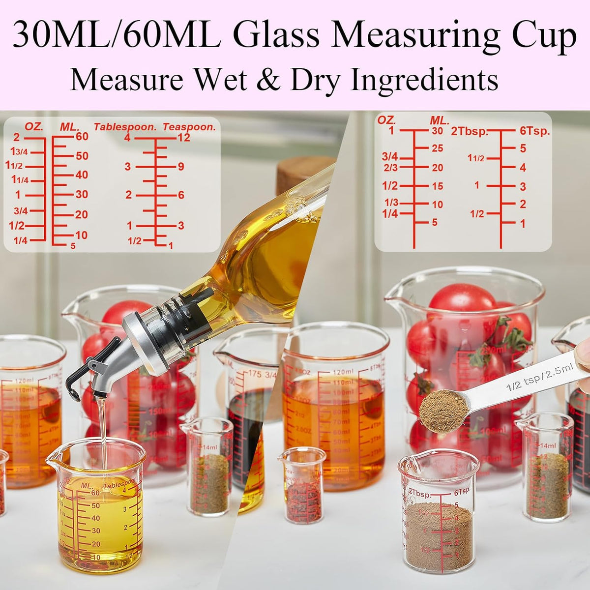 Ackers 7-Piece Glass Measuring Cup Set, Borosilicate Beaker Style Nesting Liquid Measuring Cups